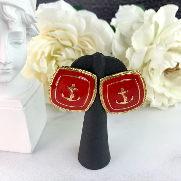 Vintage Gold Tone Anchor Sailer Red Enamel Large Square Earrings - Picture 3 of 8